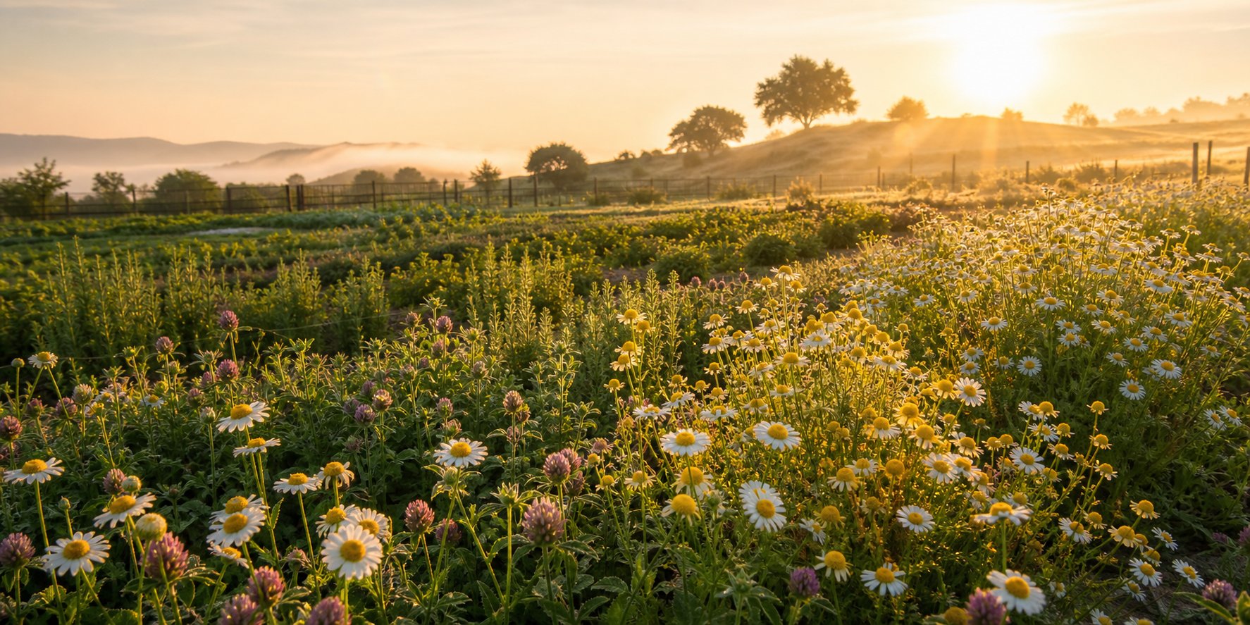 Misty herbal garden at dawn