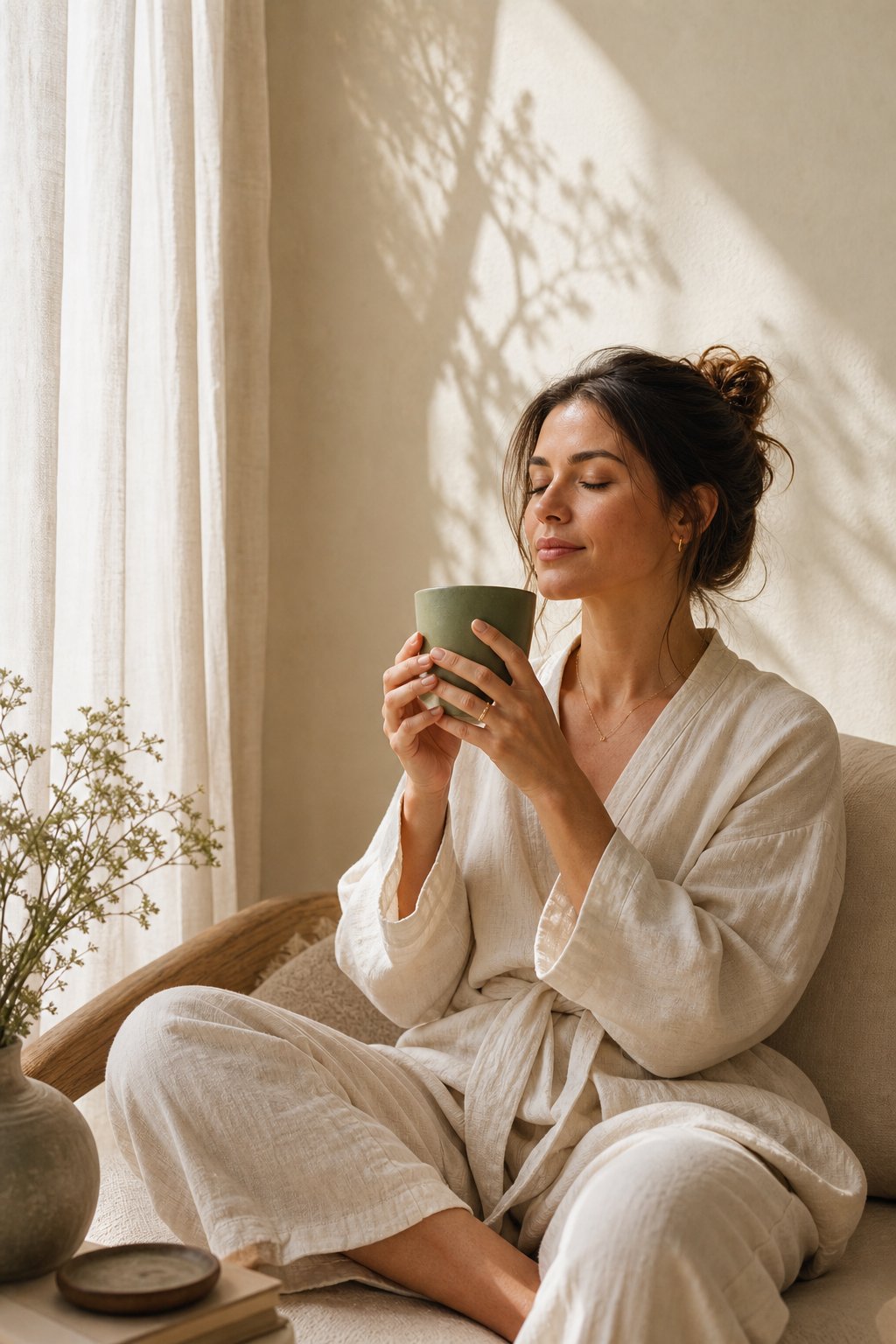 A woman in a linen robe enjoying a quiet moment with a warm cup of herbal tea