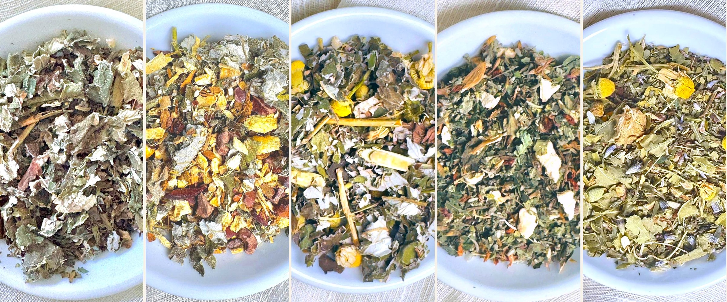 Five Orivaine loose-leaf botanical compositions side by side — petals, roots, leaves and peels